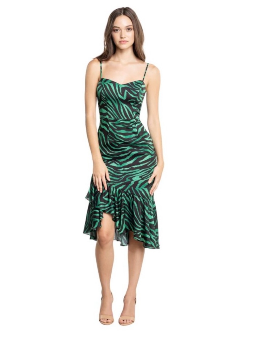 Dress the Population Green and Black Cantrelle Zebra Print Asymmetrical Dress S
